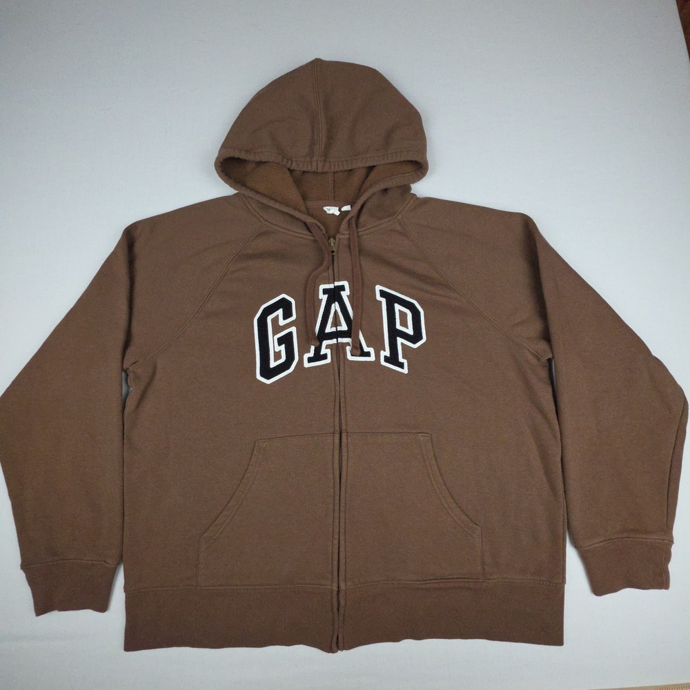 Gap Heritage Logo Full Zip Hoodie Women XL Brown Applique Fleece Cotton Blend